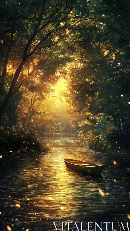 Golden boat drifts through a sunlit, enchanted river forest.