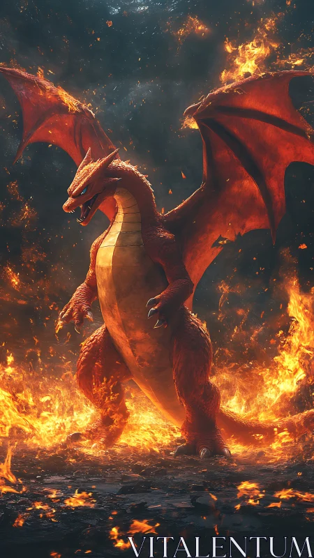 Charizard style fire dragon in blazing inferno scene.