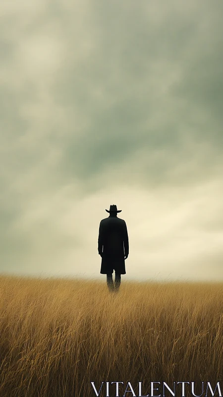 Lone wanderer in golden grass under soft stormy skies.
