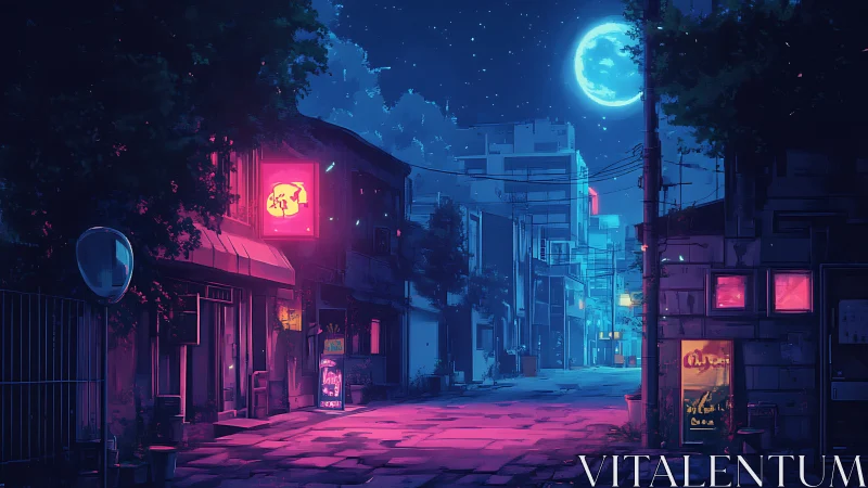 Neon-lit alley under full moon renders cyber-noir nightscape