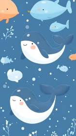 Cute cartoon whales drift through stylized blue ocean scene