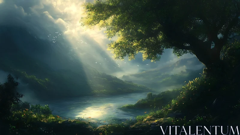 Sunlit river valley framed by dense foliage in digital painting