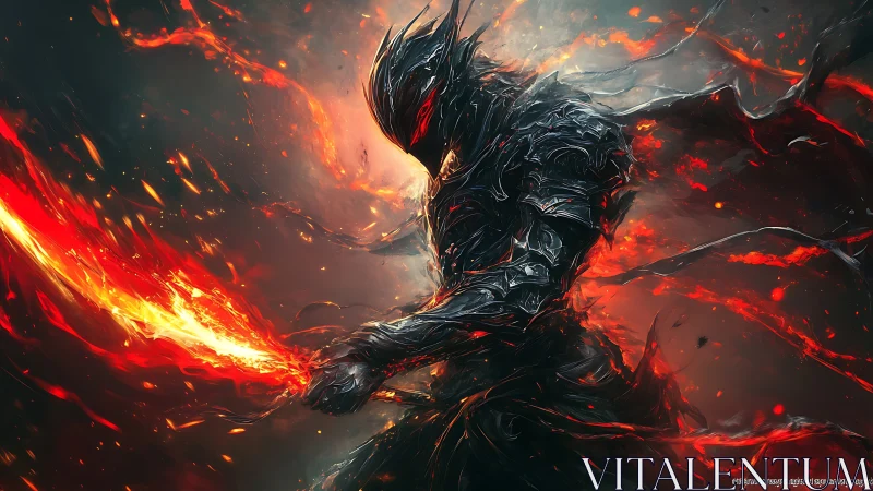 Armored fire warrior holds molten sword amid swirling embers