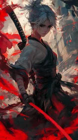 White‑haired female samurai with crimson katana in motion