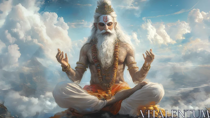 Meditating sage figure seated above clouds in sky scene.