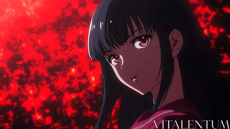 Dark-haired anime girl before blazing crimson void.