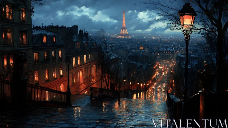 Rainy Paris stairway glowing under a moody blue night.