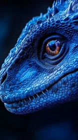 Sapphire-scaled dragon close-up reveals fiery amber eye.