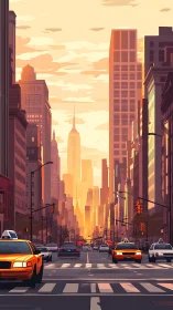 Sunlit New York avenue with taxis in stylized dusk perspective