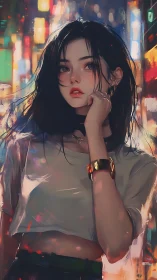 Neon-lit portrait of pensive girl in cropped white tee.