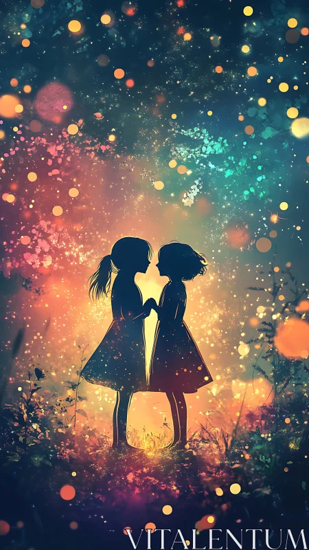 Silhouetted girls holding hands under bokeh twilight sky