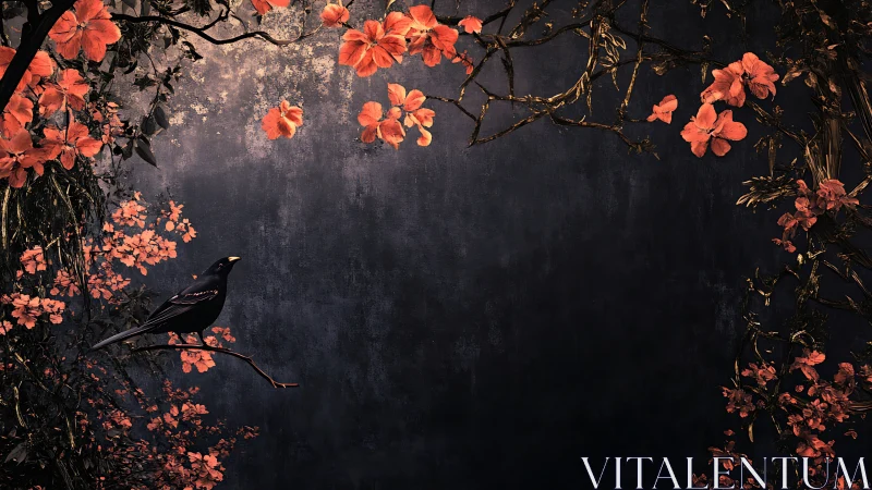 Nocturnal songbird framed by coral blossoms on dark ground