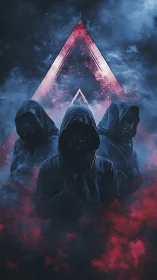 Hooded figures emerge beneath a glowing crimson triangle veil