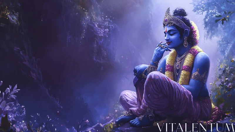 Serene blue deity rests in a mystical moonlit forest clearing