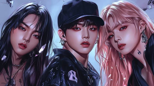 Stylized trio portrait presents edgy urban youth aesthetic