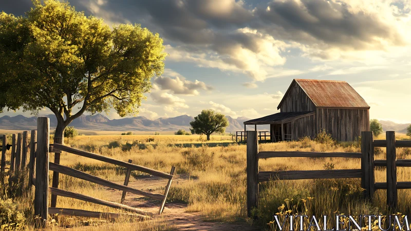 Rural wooden barn with open gate in dry grassland field.