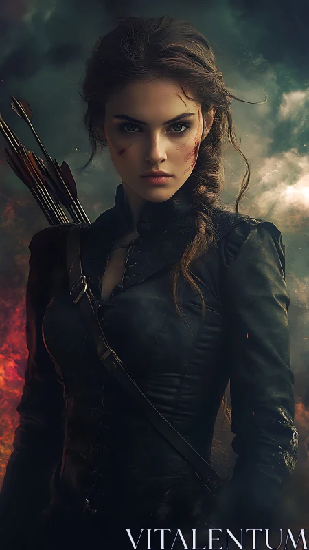 Fierce young archer stands strong in a storm of embers