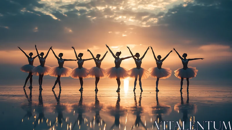 Sunlit ballet silhouettes poised on mirrored shoreline at dusk.
