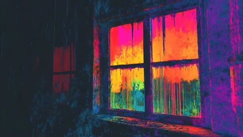 Neon window drips color against dark abandoned interior