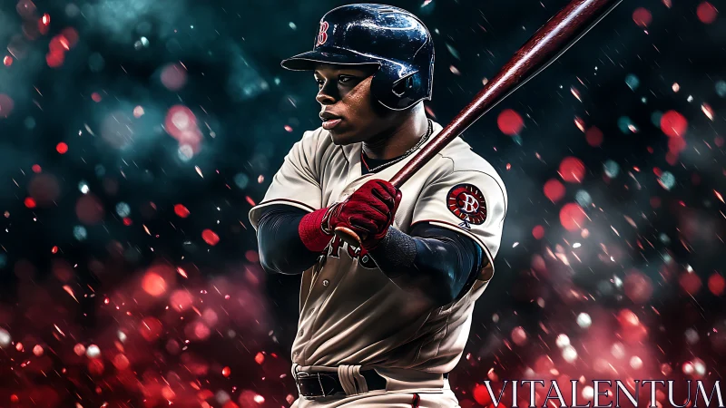 Baseball batter in uniform holding bat against abstract lights.