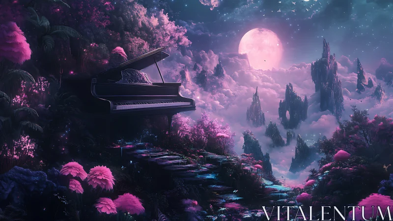 Grand piano positioned in luminous fantastical lunar landscape