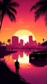 Neon sunset city escape with lone figure by the water.