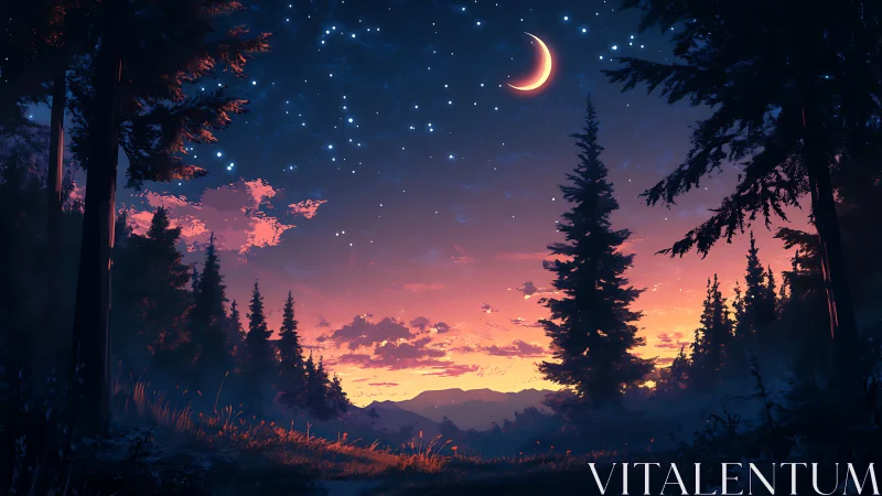 Nocturnal Forest Panorama With Crescent Moon And Stellar Void.