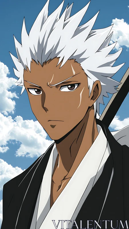 Stoic white-haired swordsman stands under a bright sky
