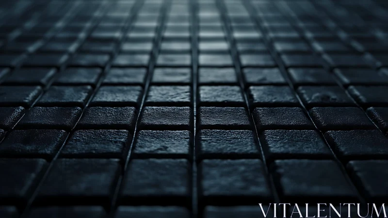 Close-up of wet, dark stone tiles in moody dramatic lighting.