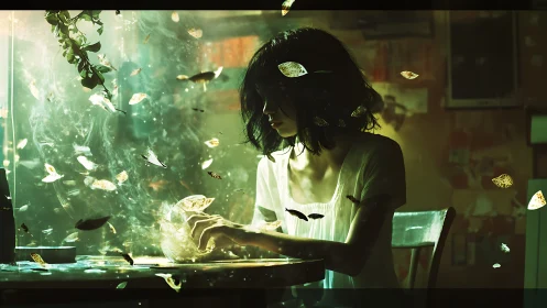 Solitary woman manipulates luminous leaves in ethereal interior