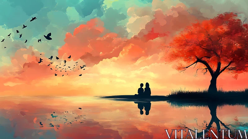 Digital painting sunset shoreline with silhouetted couple and tree.