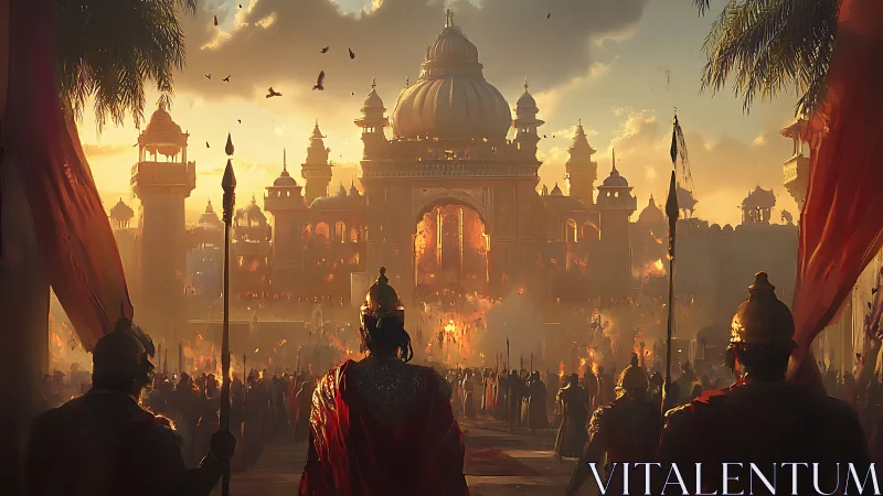 Armored figures observe fortified palace amid dense gathering