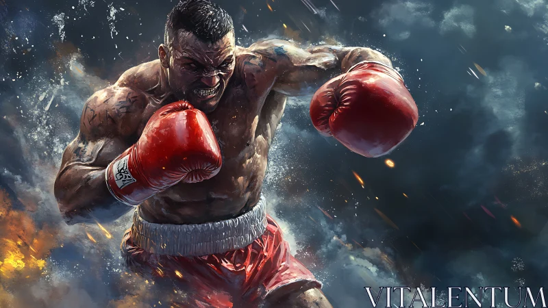 Muscular Boxer in Dynamic Combat Stance with Volumetric Lighting Effects