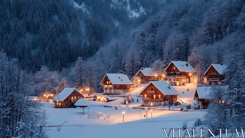 Photorealistic alpine village at dusk with luminous chalets.