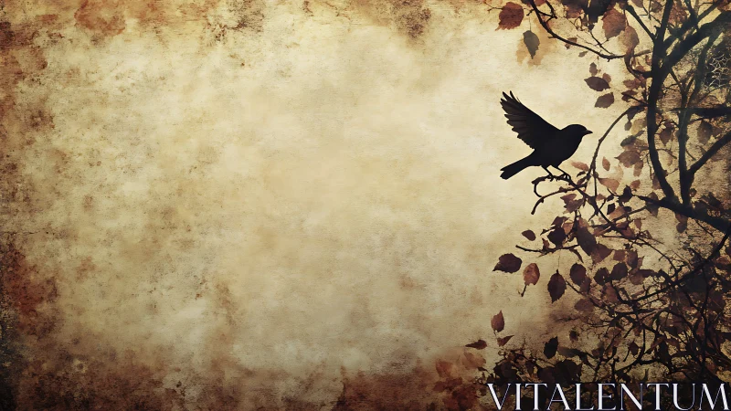 Silhouette bird on branch against textured beige background.