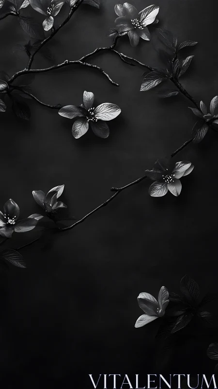 Black and white floral branches arranged against dark background.