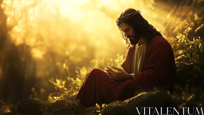 Solitary robed figure prays in golden forest light at dawn