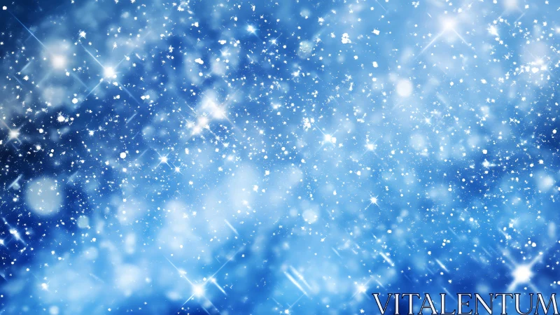 Glittering snowflakes shimmer across a frosty blue sky.