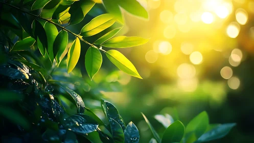 Sunlit green leaves with soft golden background bokeh.