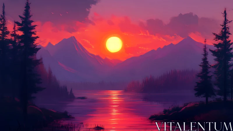 Vibrant digital sunset over alpine lake and mountains.