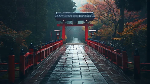 Misty shrine bridge leading into a quiet autumn forest path.