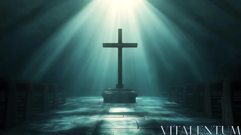 Sanctuary cross drenched in quiet teal light and wonder.