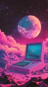 Retro computer terminal glows beneath neon planetary sky