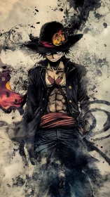 Storm-scarred outlaw pirate in ink-splattered anime portrait.