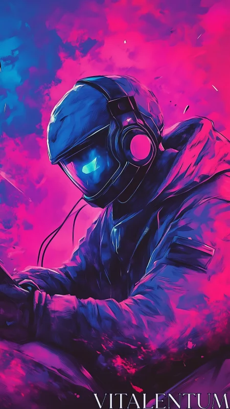 Hooded gamer in visor helmet sits in neon pink blue haze