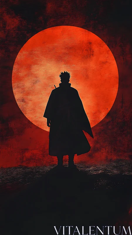 Lone warrior silhouette eclipses a searing crimson moon.