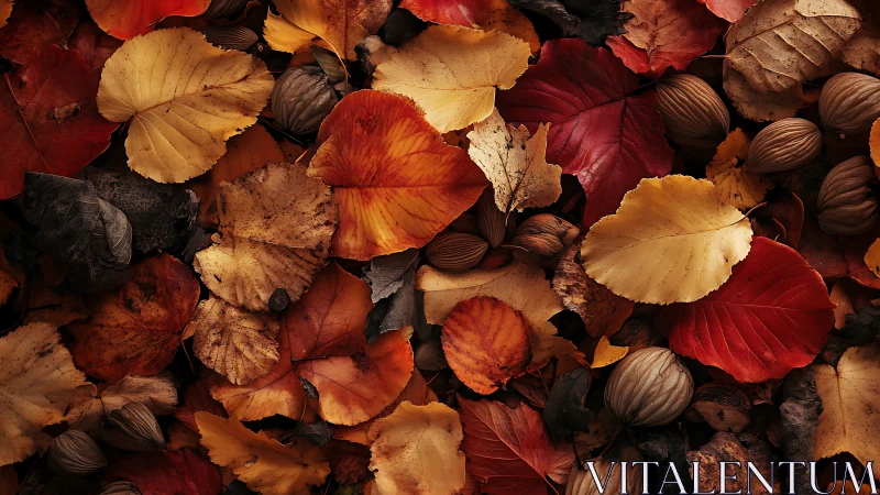 Autumn leaf litter matrix with nut shells in warm chromatic range.
