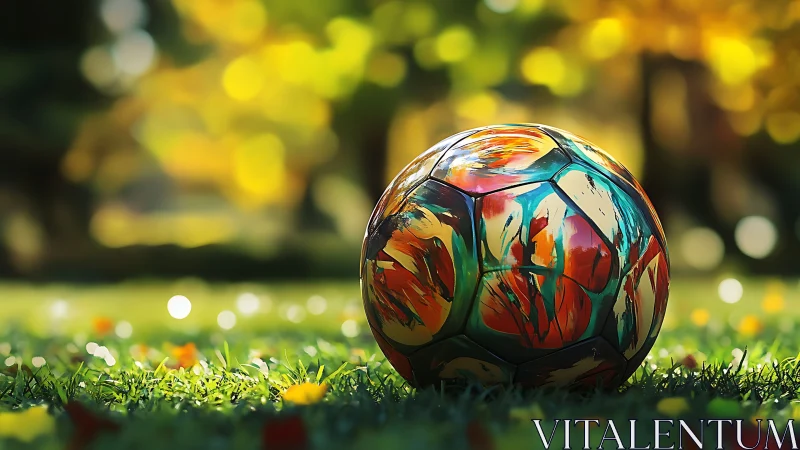 Painted soccer ball rests on grass in vivid autumn bokeh