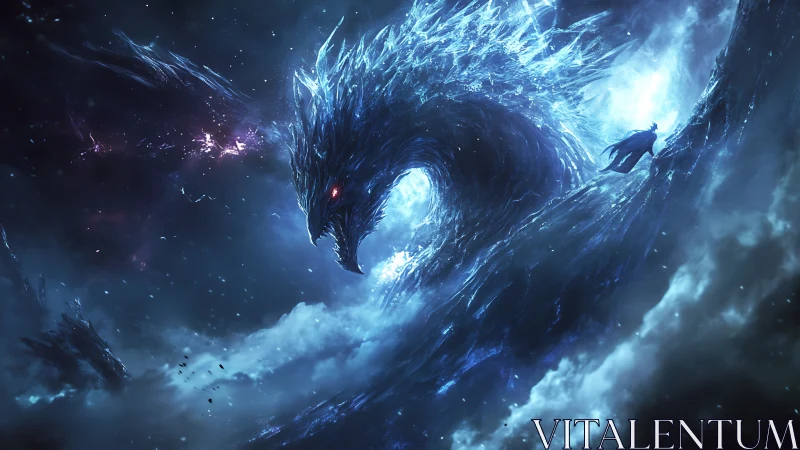 Celestial void dragon coils above lone cosmic wanderer.