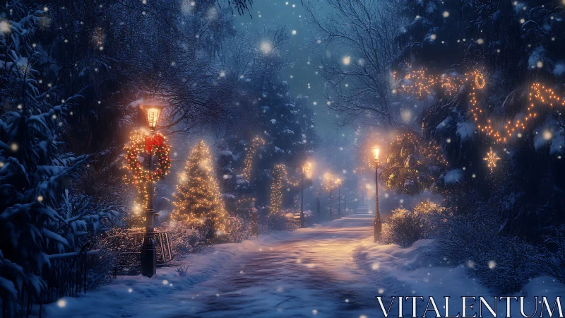 Snow-laden festive walkway with illuminated lamppost array.